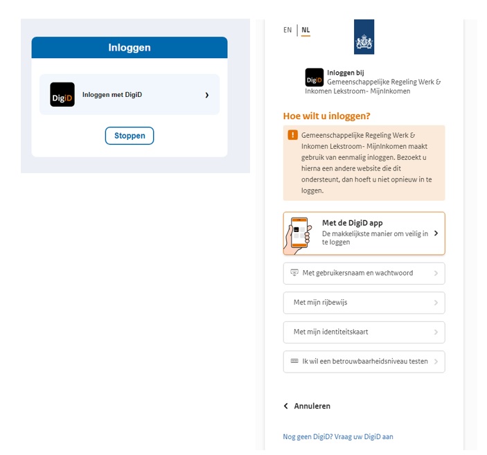 Mijn Wil DigiD scherm